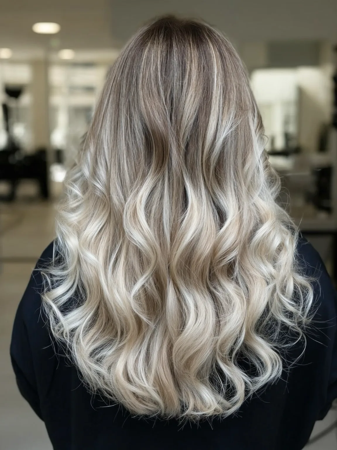 Long Voluminous Layers with Ash Blonde Balayage Waves